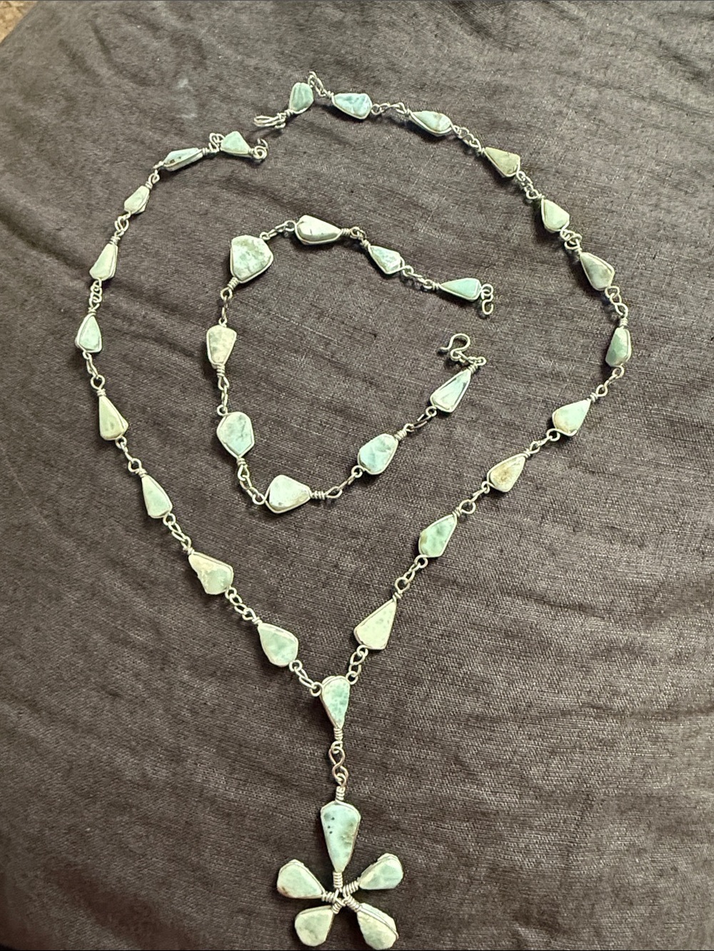 Handcrafted Green Turquoise Flower Pendant Necklace — Sterling-Style Chain